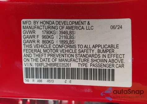 2024 Honda Civic Sport from USA, damaged, VIN 19XFL2H89RE035261